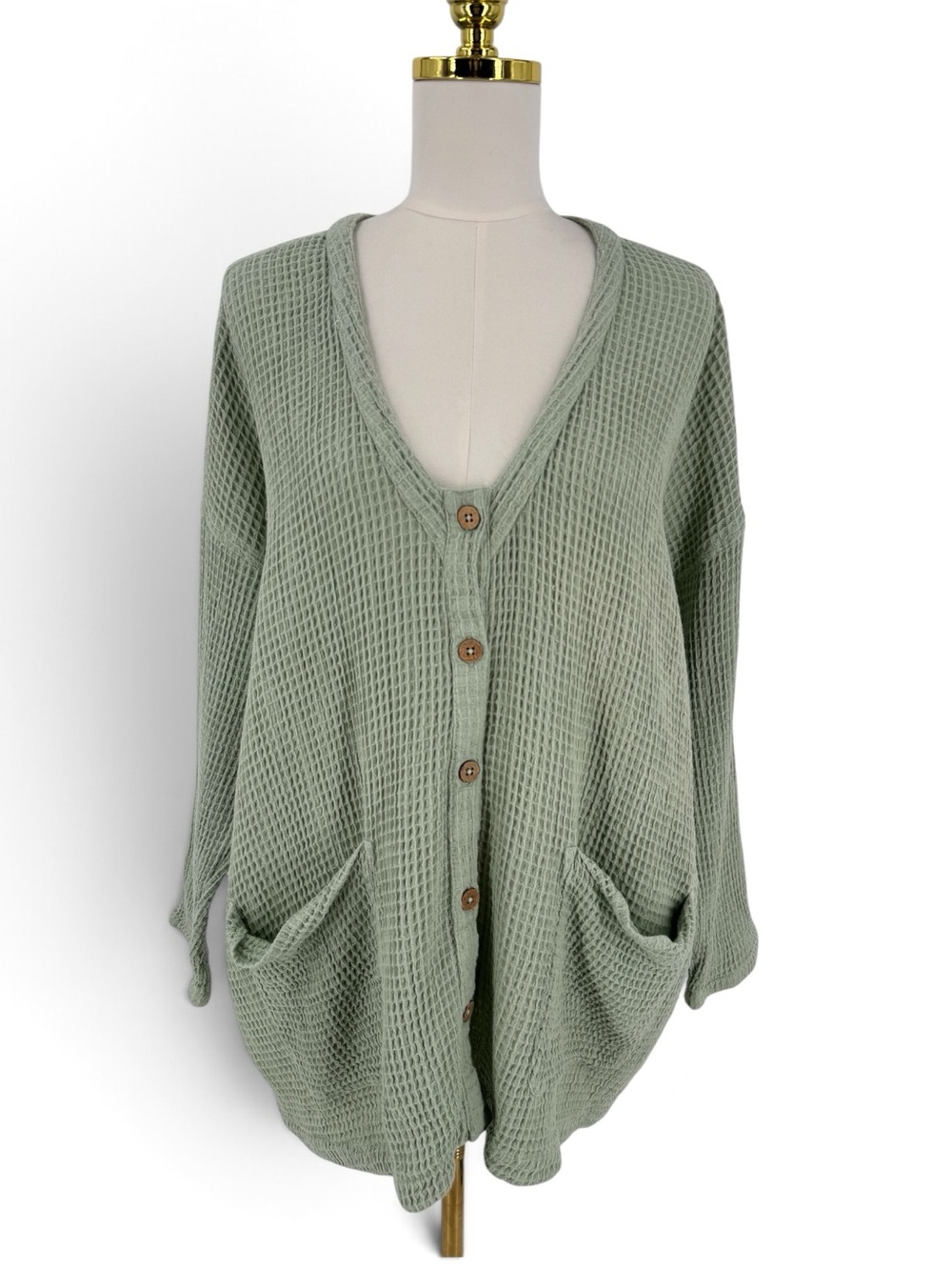 FREE PEOPLE Waffle Slouchy Oversized Button Knit Cardigan Top Patch Pockets